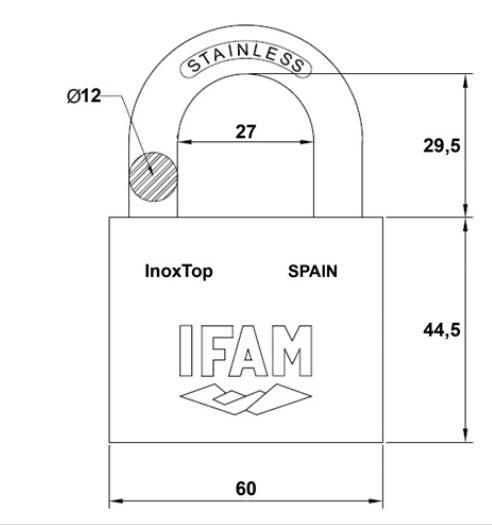 Dimensions du Cadenas INOX TOP 60 IFAM pour les bateaux, coffre, conteneur en milieu marin