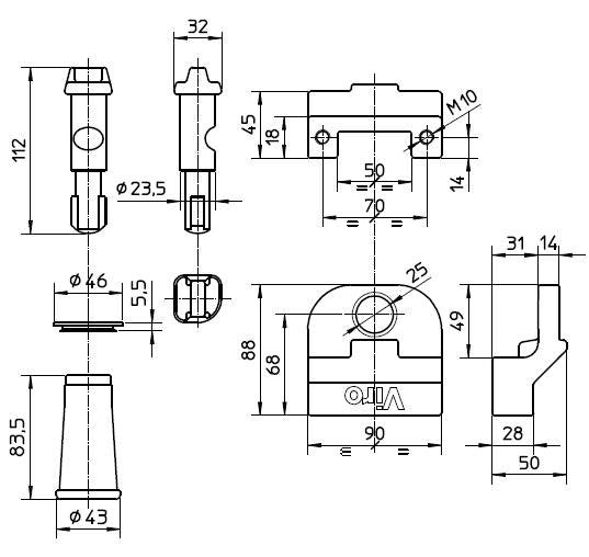 dimensions et schéma du Porte cadenas viro 696 pour la securisation des rideaux metallaques et porte de garage sectionnelle