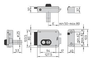 Serrure electrique VIRO V8972 V97 GAUCHE avec bouton 12 volts CA, réglable de 50 a 80 mm