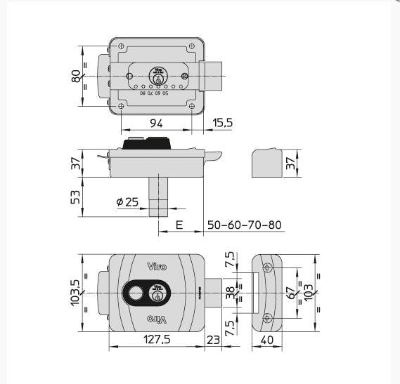 Serrure electrique VIRO V9083 V90 12 volts CA, réglable de 50 a 80 mm